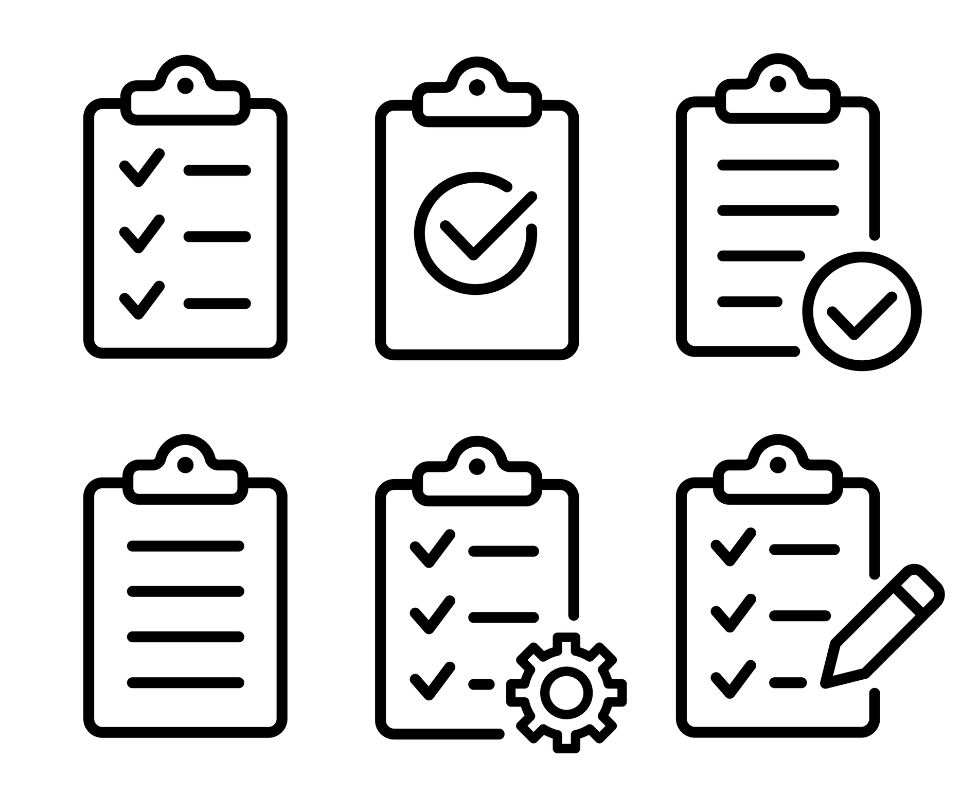 Clipboard icon set. Checklist on the clipboard line icon with checkmarks, checklist, document, gear, pencil. 