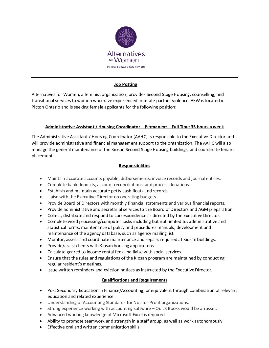 Employment Opportunity: Administrative Assistant/Housing Coordinator